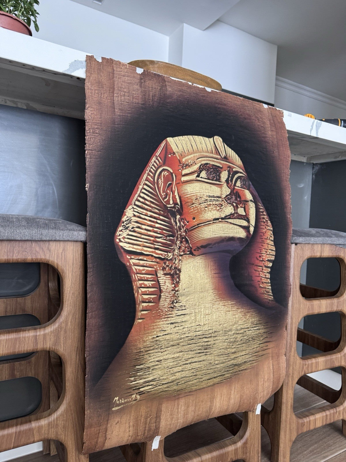 1996 Egyptian Sphinx on Papyrus Original Signed Painting by Monsef Labib