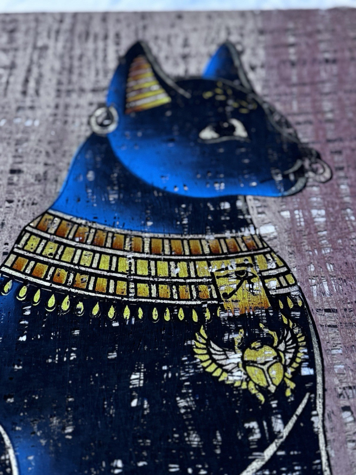 Ancient Egyptian Goddess Bastet Papyrus Original Hand drawing Light Reflection