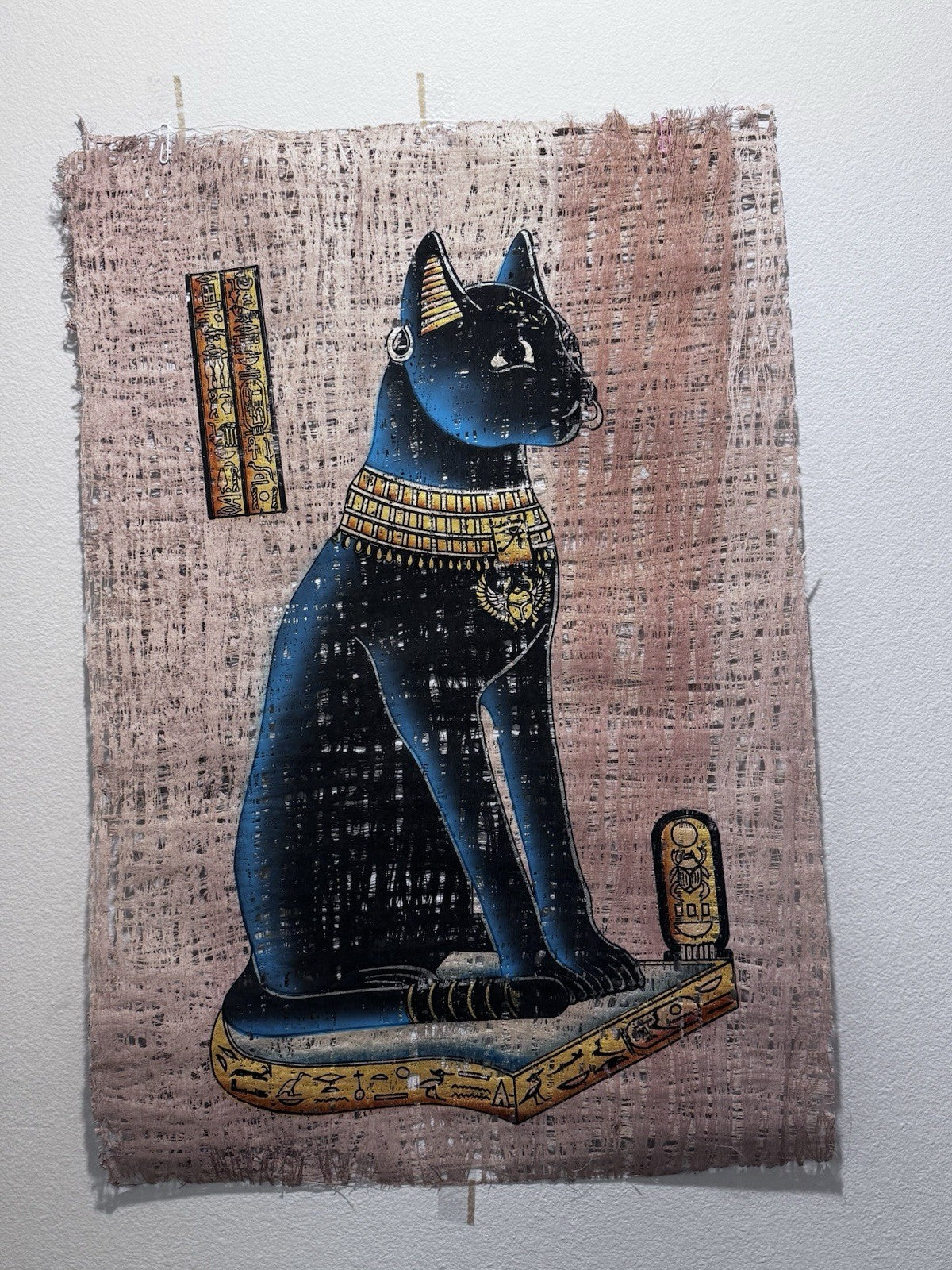 Ancient Egyptian Goddess Bastet Papyrus Original Hand drawing Light Reflection