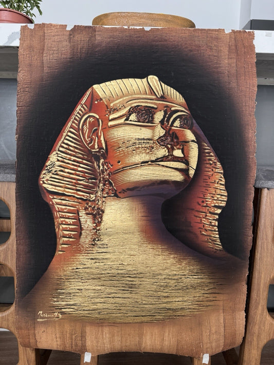1996 Egyptian Sphinx on Papyrus Original Signed Painting by Monsef Labib