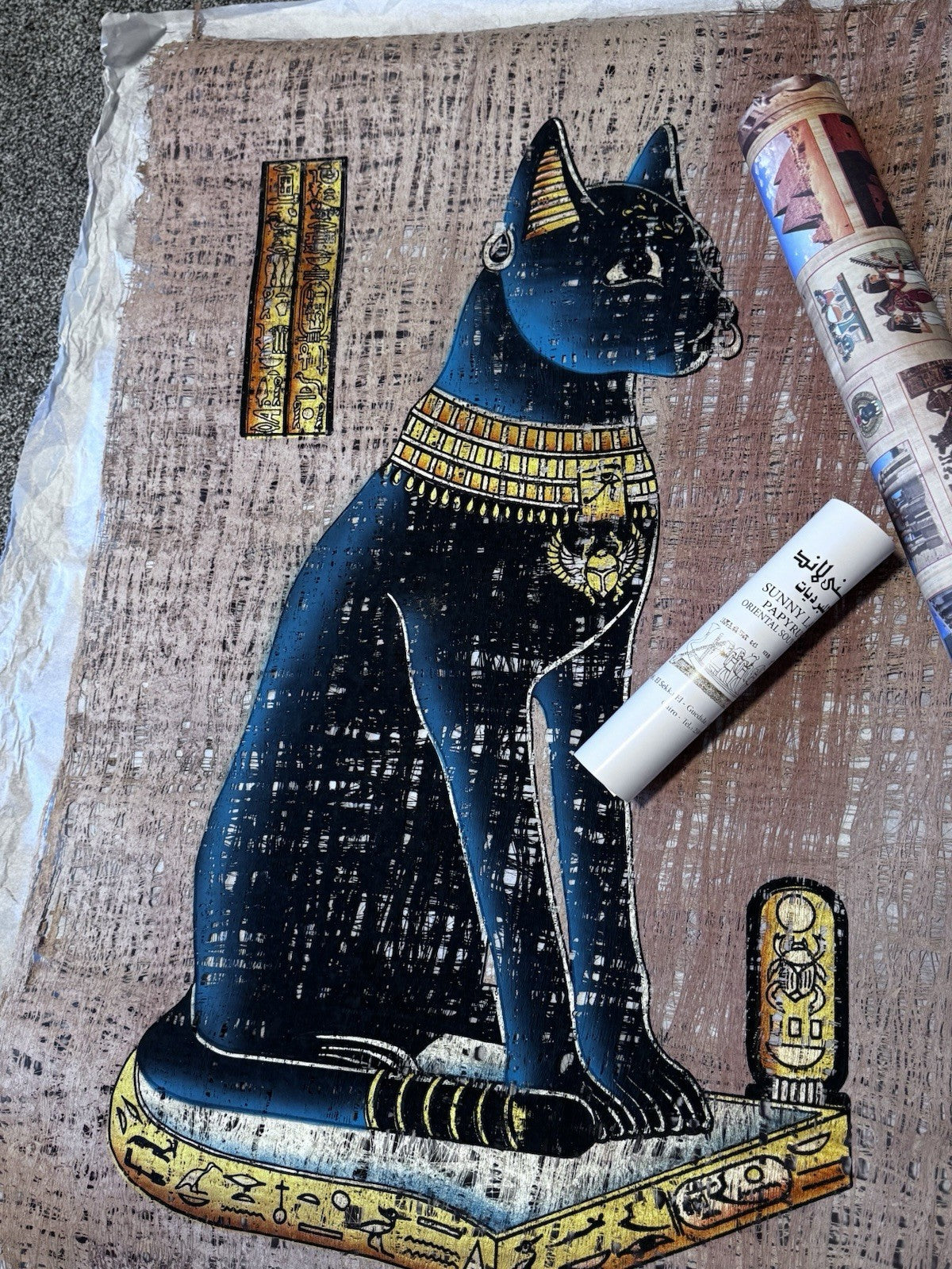 Ancient Egyptian Goddess Bastet Papyrus Original Hand drawing Light Reflection