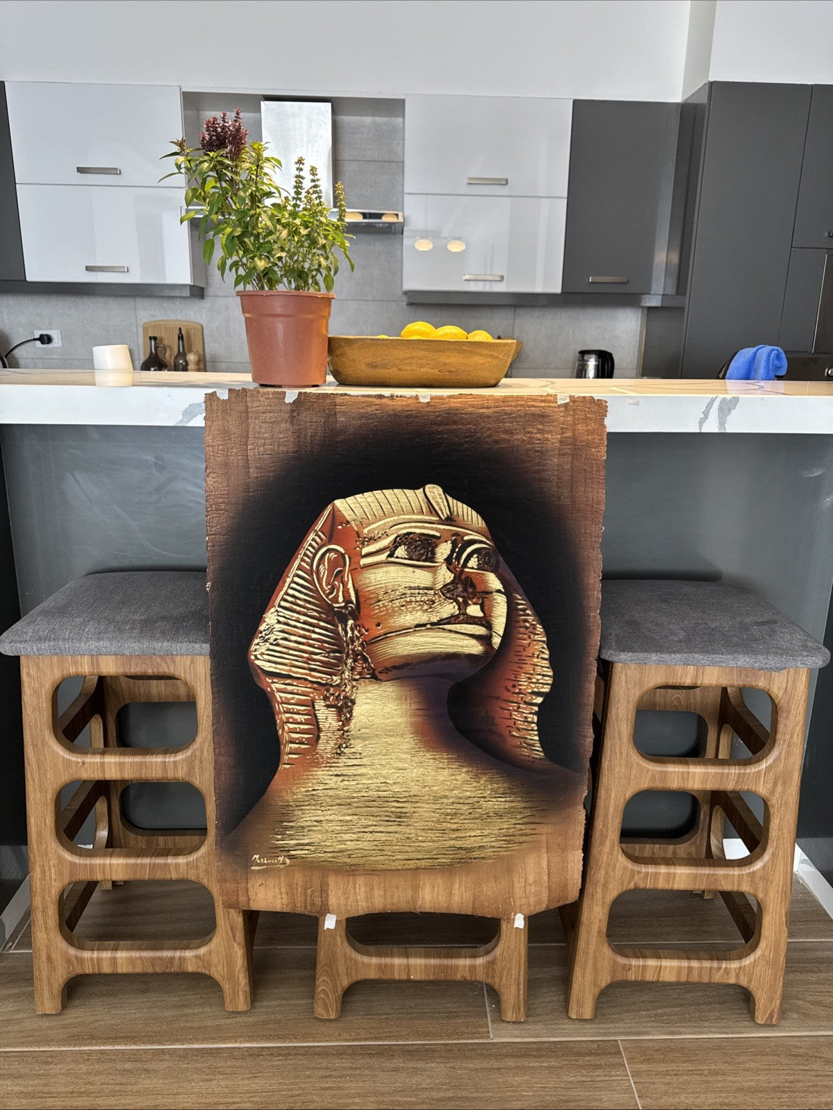 1996 Egyptian Sphinx on Papyrus Original Signed Painting by Monsef Labib