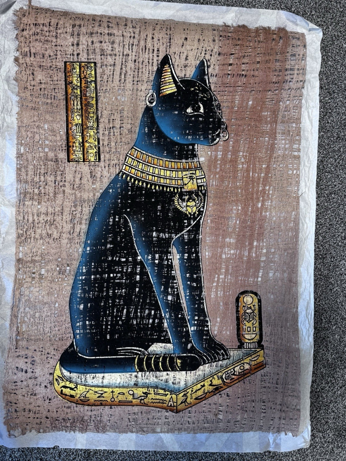 Ancient Egyptian Goddess Bastet Papyrus Original Hand drawing Light Reflection