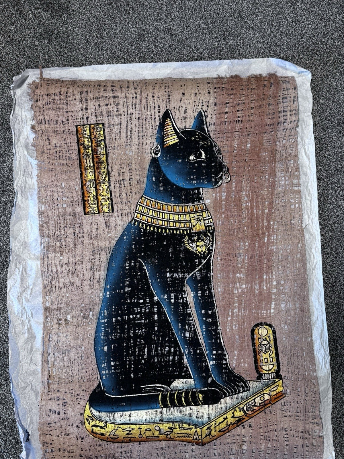 Ancient Egyptian Goddess Bastet Papyrus Original Hand drawing Light Reflection