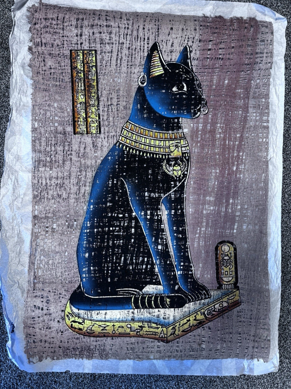 Ancient Egyptian Goddess Bastet Papyrus Original Hand drawing Light Reflection